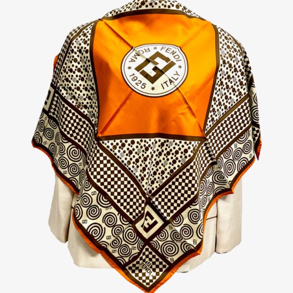Fendi Accessories - Unused  Fendi 100% Silk Scarf Satin 34"x34 Ivery Brown Orange Made in Italy (22)